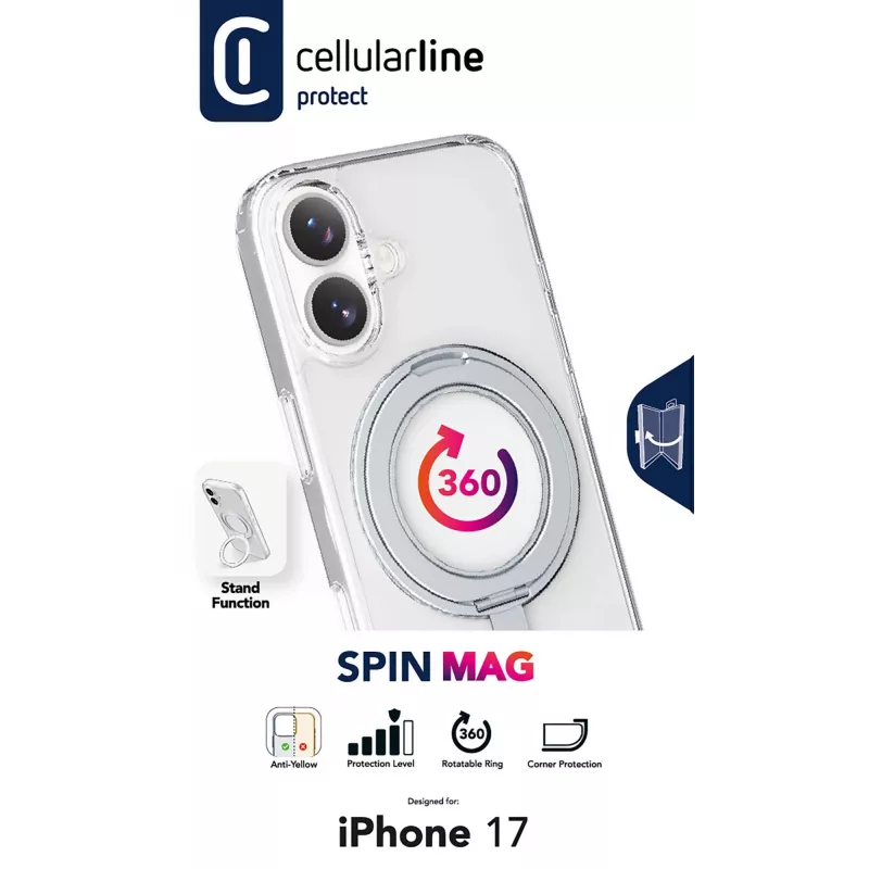 „Cellularline Spin Mag“ – „iPhone 17“ dėklas su pasukamu žiedo laikikliu, suderinamas su „MagSafe“ ekosistema