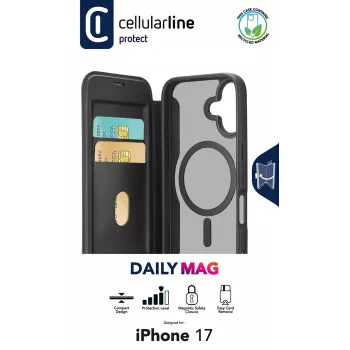 Cellularline Daily Mag - iPhone 17 Knygelės tipo dėklas su pusiau permatoma kieta nugarėle, suderinama su MagSafe® ekosistema