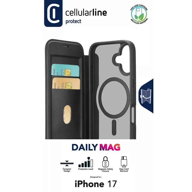 Cellularline Daily Mag - iPhone 17 Knygelės tipo dėklas su pusiau permatoma kieta nugarėle, suderinama su MagSafe® ekosistema