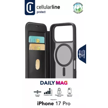 Cellularline Daily Mag - iPhone 17 Pro knygelės tipo dėklas su pusiau permatoma kieta nugarėle, suderinama su MagSafe® ekosistema
