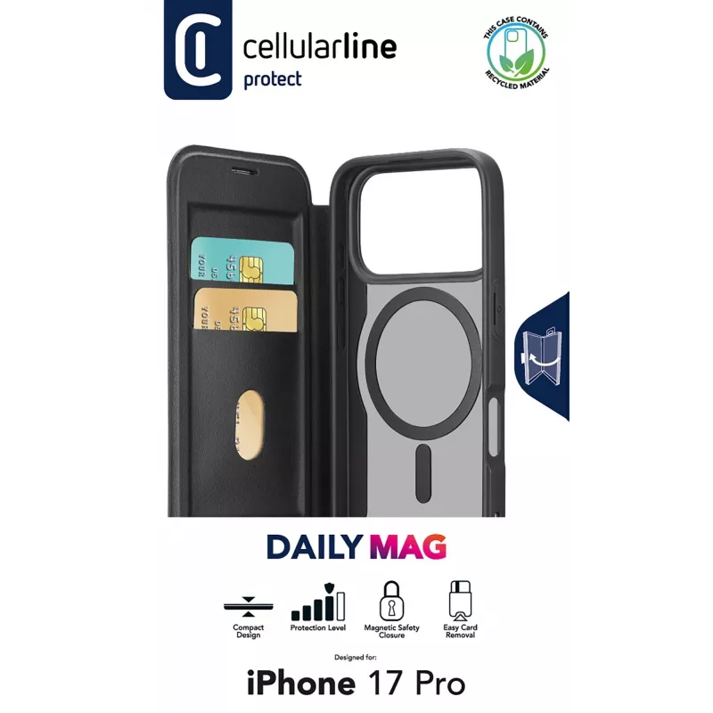 Cellularline Daily Mag - iPhone 17 Pro knygelės tipo dėklas su pusiau permatoma kieta nugarėle, suderinama su MagSafe® ekosistema