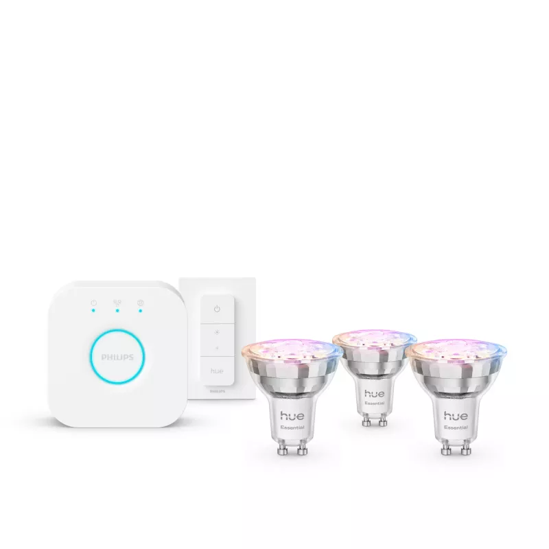 Philips Hue White and colour ambience Essential starter kit: 3 GU10 išmaniosios lemputės (345 lm) + reguliatoriaus jungiklis