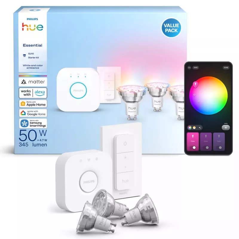 Philips Hue White and colour ambience Essential starter kit: 3 GU10 išmaniosios lemputės (345 lm) + reguliatoriaus jungiklis