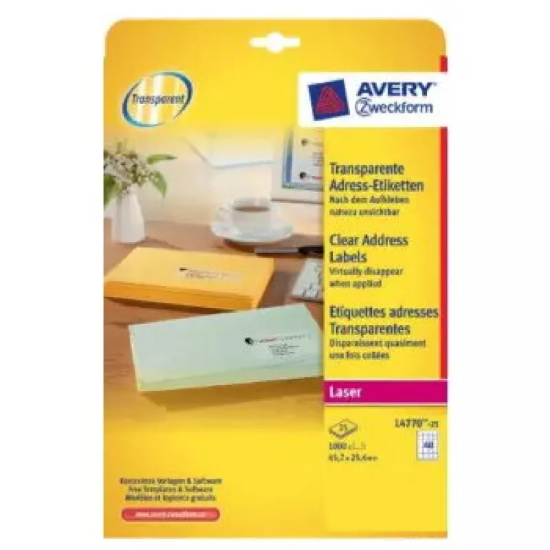 Spausdintuvo etiketės No name Avery L4770-25 — Skaidrus poliesteris, lazerinis, 1000 vnt.
