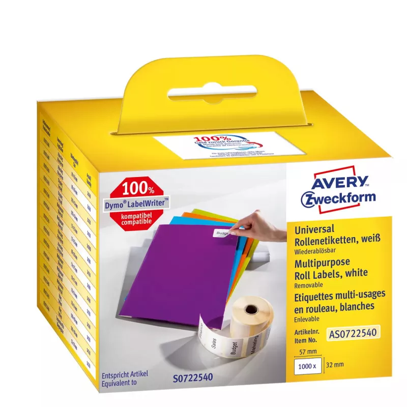 Lipnios nuimamos stačiakampės etiketės Avery AS0722540 — 32 × 57 mm, baltos, 1000 vnt.