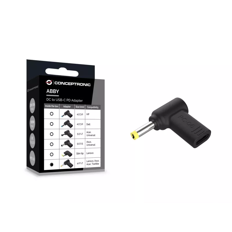 Conceptronic ABBY15PC06 DC–USB-C adapteris, Lenovo/Asus/Acer/Toshiba 4.0x1.7mm, 18-20V