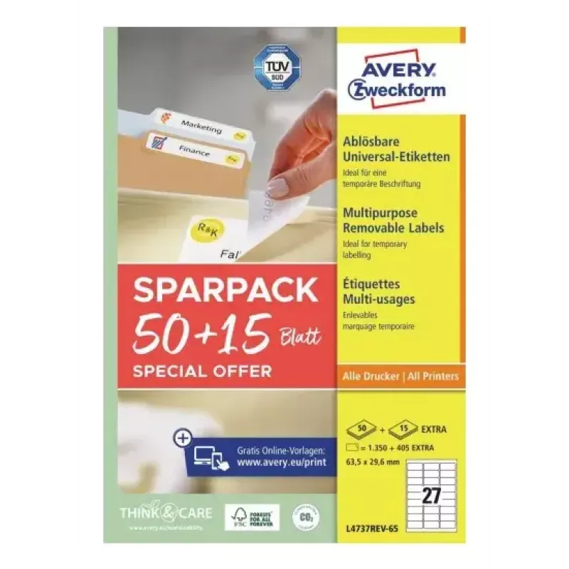 Lipnios spausdintuvo etiketės AVERY L4737REV-65 Baltos 6,35x2,96 cm
