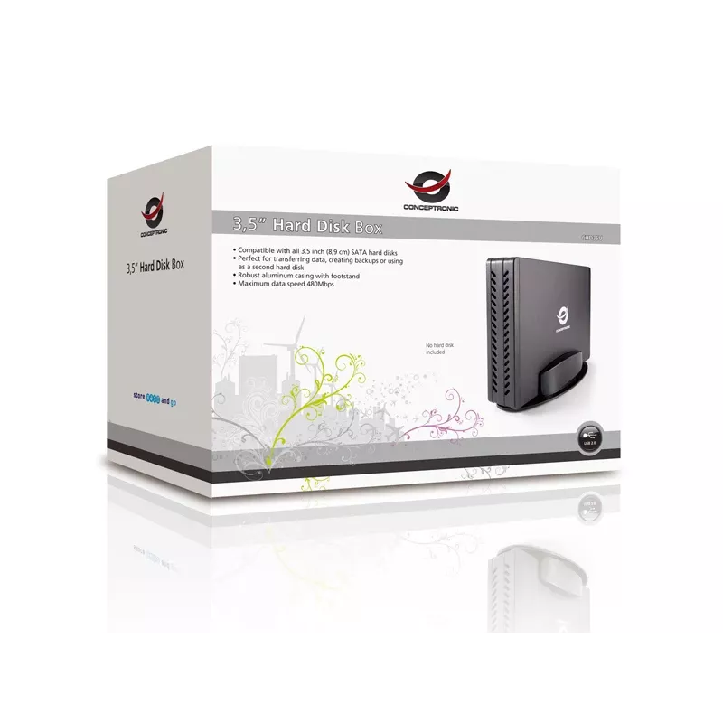 Conceptronic 3,5 col. standžiojo disko dėžutė, HDD korpusas, 3,5 col., Serial ATA, Serial ATA II, Serial ATA III, 0,48 Gbit/s, USB jungtis, juoda