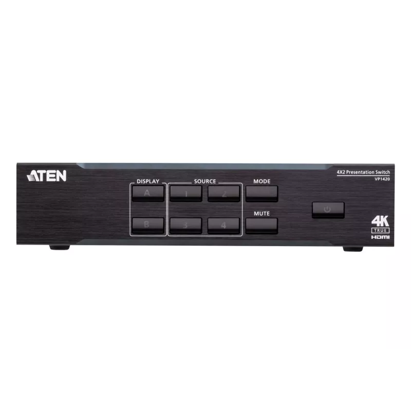 ATEN 4 x 2 True 4K pristatymo matricos komutatorius, medijos pristatymo matricos komutatorius, 4096 x 2160 pikselių, 4096 x 2160, 3840 x 2160, juoda, metalas, mygtukai