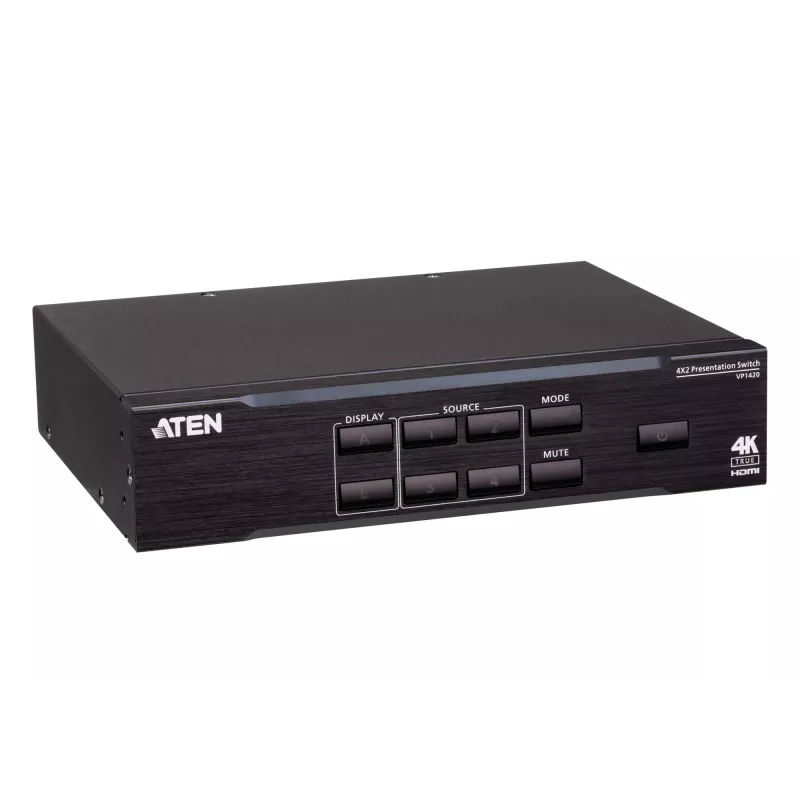 ATEN 4 x 2 True 4K pristatymo matricos komutatorius, medijos pristatymo matricos komutatorius, 4096 x 2160 pikselių, 4096 x 2160, 3840 x 2160, juoda, metalas, mygtukai