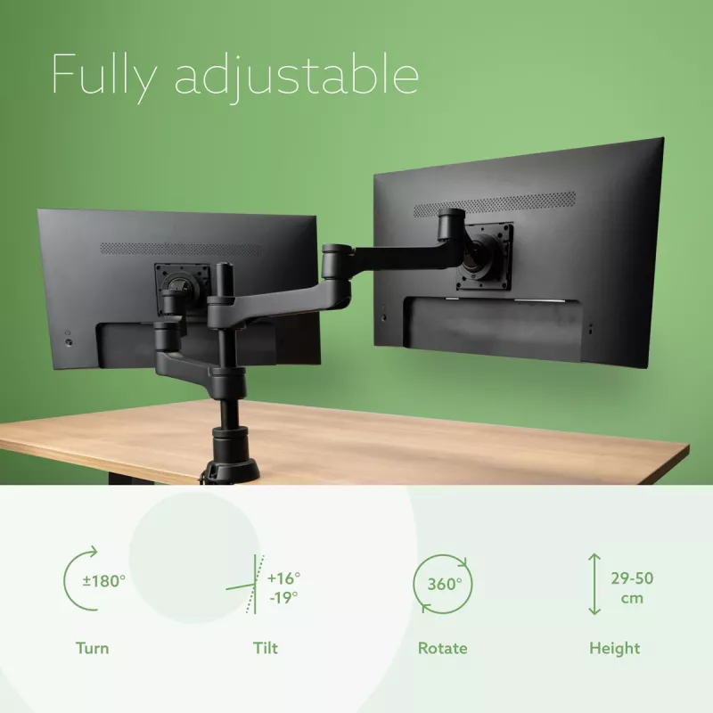 “R-Go Tools” monitoriaus laikiklis “R-Go Zepher Dual”, skirtas dviem monitoriams, pilnai reguliuojamas, 0–8 kg keliamoji galia, 100 % žiedinis, juodas