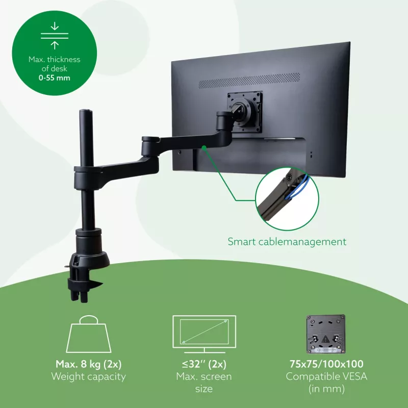 “R-Go Tools” monitoriaus laikiklis “R-Go Zepher Dual”, skirtas dviem monitoriams, pilnai reguliuojamas, 0–8 kg keliamoji galia, 100 % žiedinis, juodas
