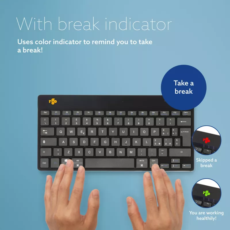 R-Go Tools Ergonominė klaviatūra R-Go Compact Break, kompaktiška klaviatūra su pertraukų programine įranga, QWERTY (IT), Bluetooth, juoda