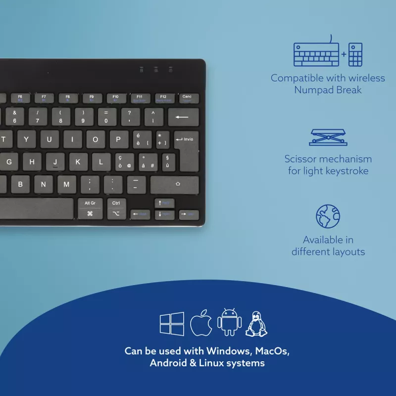 R-Go Tools Ergonominė klaviatūra R-Go Compact Break, kompaktiška klaviatūra su pertraukų programine įranga, QWERTY (IT), Bluetooth, juoda