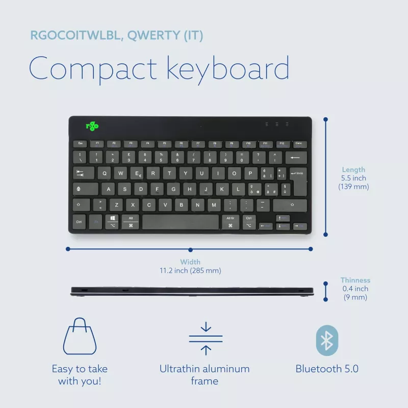 R-Go Tools Ergonominė klaviatūra R-Go Compact Break, kompaktiška klaviatūra su pertraukų programine įranga, QWERTY (IT), Bluetooth, juoda