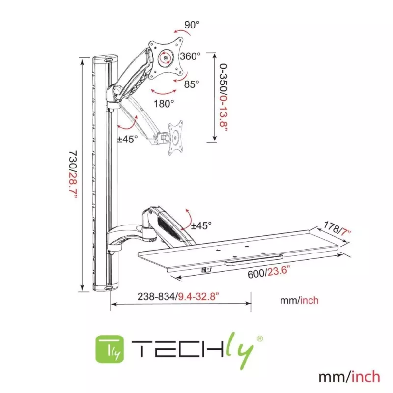 Techly ICA-PLW 02 monitoriaus laikiklis / stovas 68.6 cm (27 colių) sieninis sidabrinis
