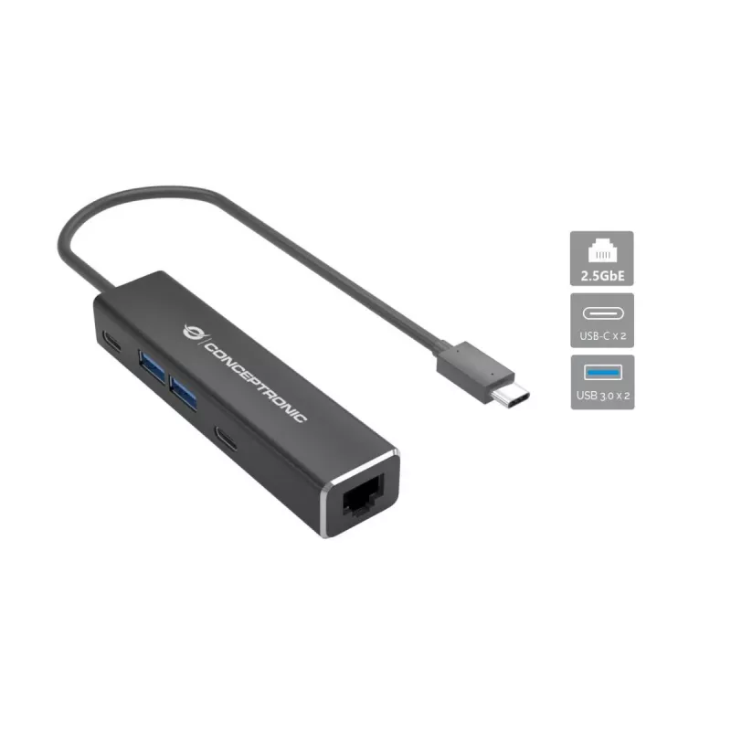 Conceptronic ABBY14B 2.5G Ethernet USB 3.2 Gen 1 adapteris su USB šakotuvu, 2,5 GbE, USB-A x 2, USB-C x 2