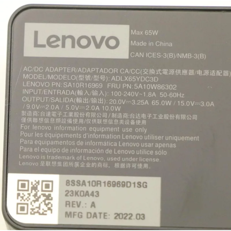 Lenovo 5A10W86302 maitinimo adapteris / keitiklis Vidinis 65 W Juoda