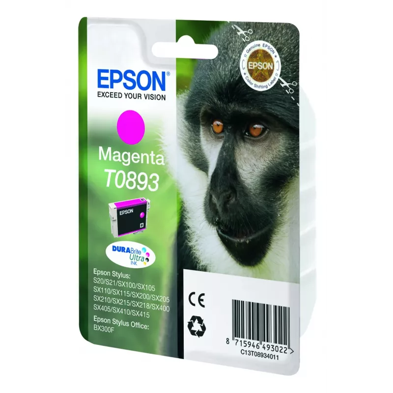 Epson Monkey Singlepack Magenta T0893 DURABrite Ultra rašalas, Magenta, Pigmentinis rašalas, 1 vnt.