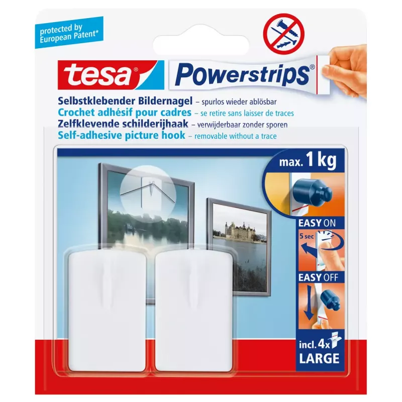 Sieninis laikiklis-kablys Tesa 58031-00020 Baltas plastikas, maks. apkrova 1 kg, 2 vnt. pakuotėje