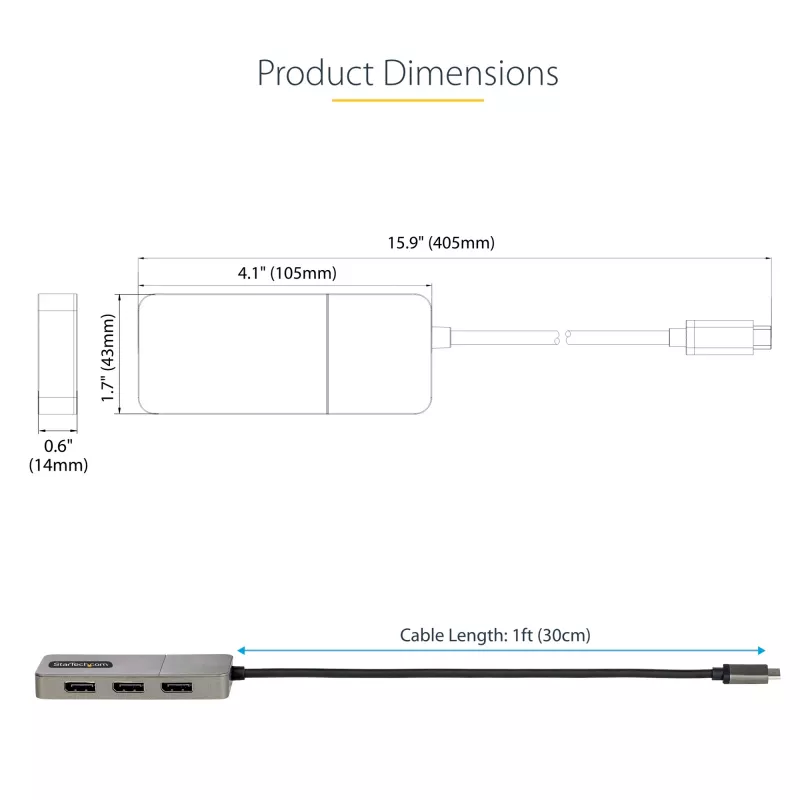 StarTech.com 3 prievadų USB-C kelių monitorių adapteris, USB Type-C į 3x DisplayPort 1.4 MST šakotuvas, trigubas 4K 60Hz DP nešiojamojo kompiuterio ekrano plėtiklis / skirstytuvas, HDR, itin ilgas įmontuotas kabelis – tik Windows