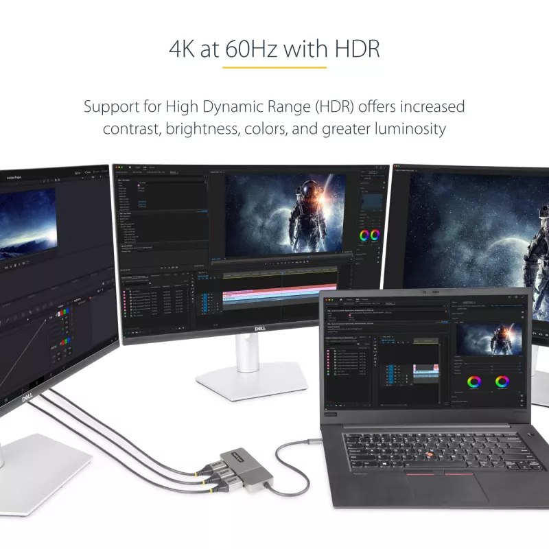 StarTech.com 3 prievadų USB-C kelių monitorių adapteris, USB Type-C į 3x DisplayPort 1.4 MST šakotuvas, trigubas 4K 60Hz DP nešiojamojo kompiuterio ekrano plėtiklis / skirstytuvas, HDR, itin ilgas įmontuotas kabelis – tik Windows