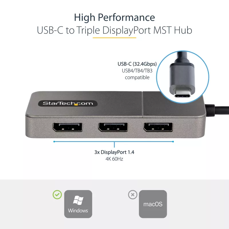 StarTech.com 3 prievadų USB-C kelių monitorių adapteris, USB Type-C į 3x DisplayPort 1.4 MST šakotuvas, trigubas 4K 60Hz DP nešiojamojo kompiuterio ekrano plėtiklis / skirstytuvas, HDR, itin ilgas įmontuotas kabelis – tik Windows