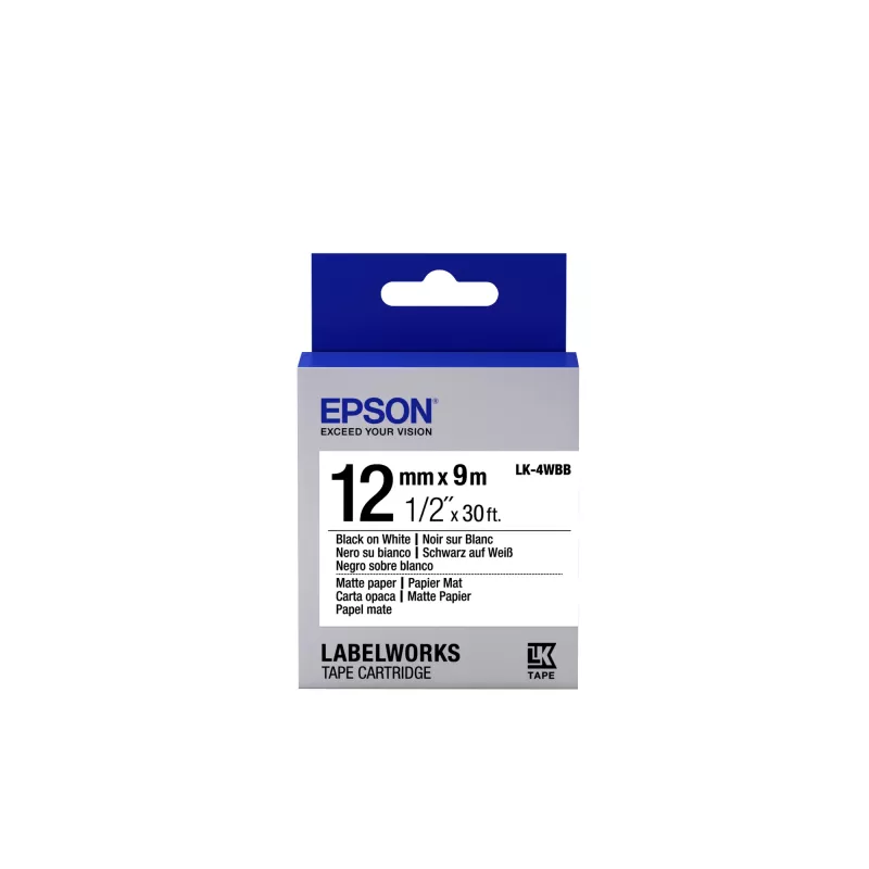 Epson etikečių kasetė matinio popieriaus LK-4WBB juoda ant balto 12 mm (9 m)