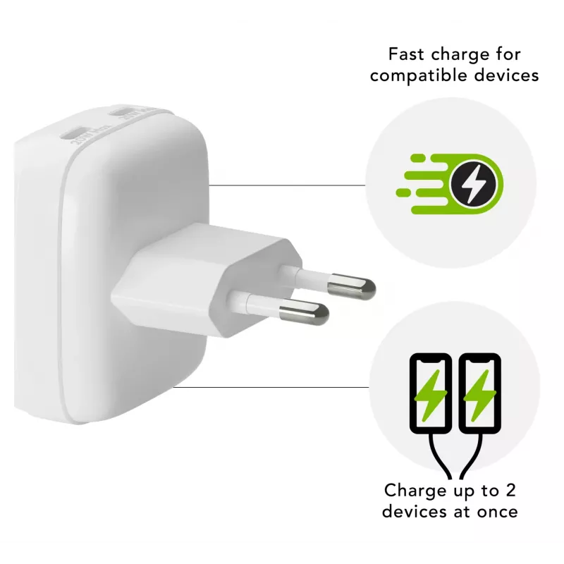 Sieninis įkroviklis d bramante re-charge Pro EU plokščias 2×USB-C 20W baltas (vidaus)