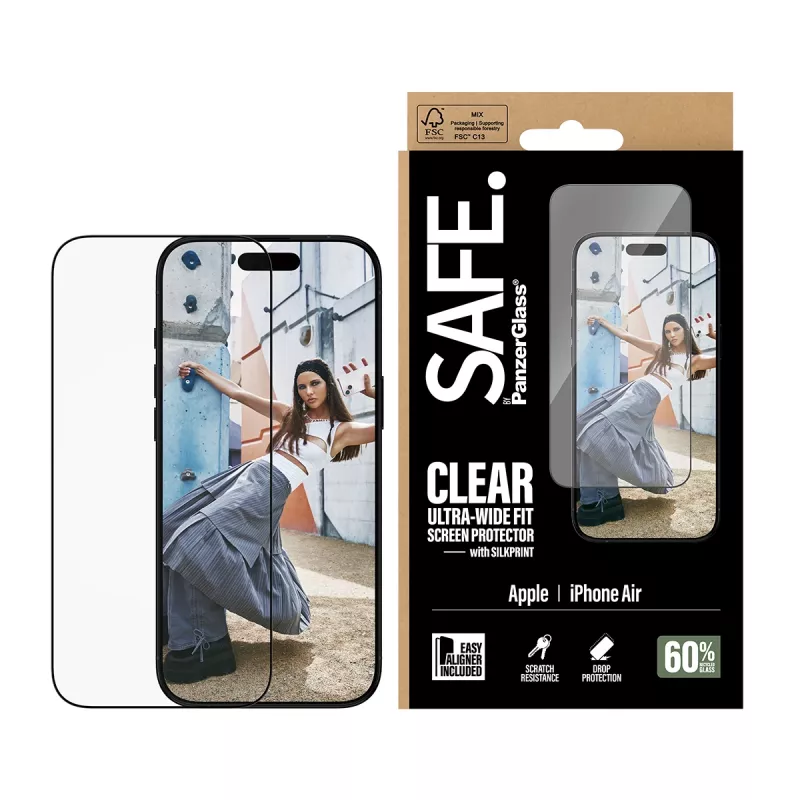 Ekrano apsauga PanzerGlass SAFE, skirta iPhone 17 Ultra‑Wide Fit, su juodu rėmeliu