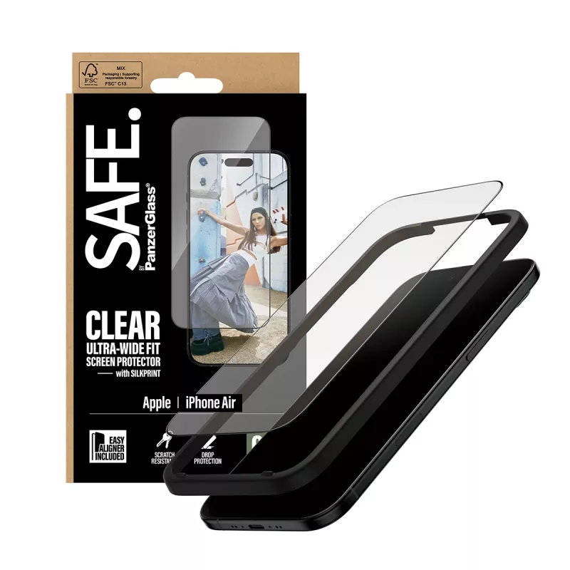 Ekrano apsauga PanzerGlass SAFE, skirta iPhone 17 Ultra‑Wide Fit, su juodu rėmeliu