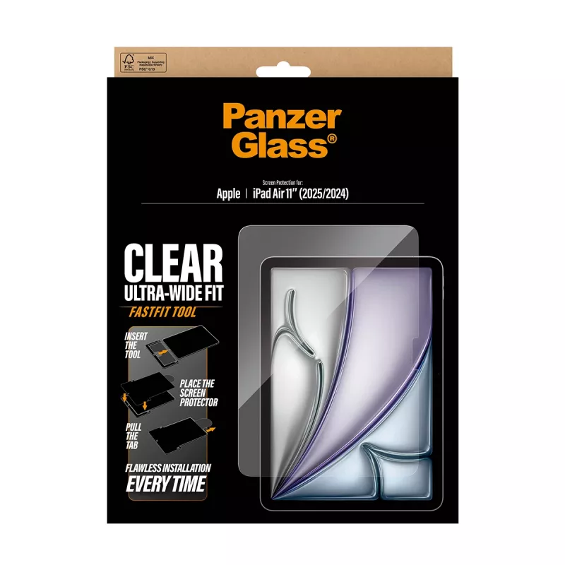Ekrano apsauga PanzerGlass iPad Air 11 colių (2024–2026) Ultra‑Wide Fit, grūdintas stiklas, FastFit įrankis