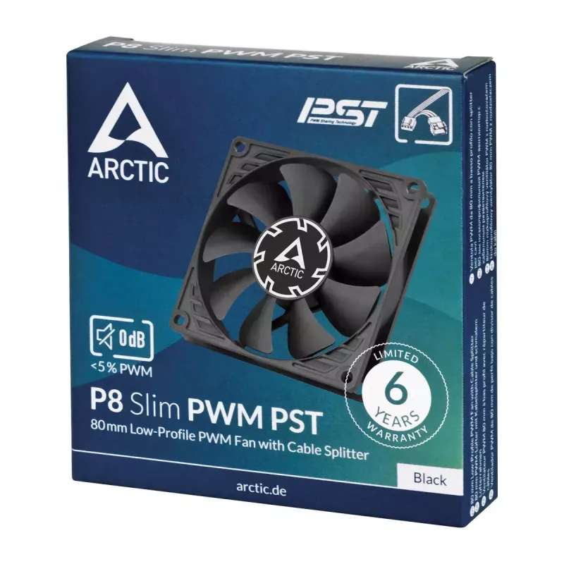 Ventiliatorius Arctic P8 plonas PWM PST 80 mm žemo profilio 38,23 m³/h Fluid Dynamic Bearing juodas