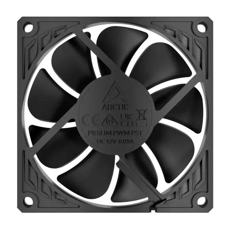 Ventiliatorius Arctic P8 plonas PWM PST 80 mm žemo profilio 38,23 m³/h Fluid Dynamic Bearing juodas