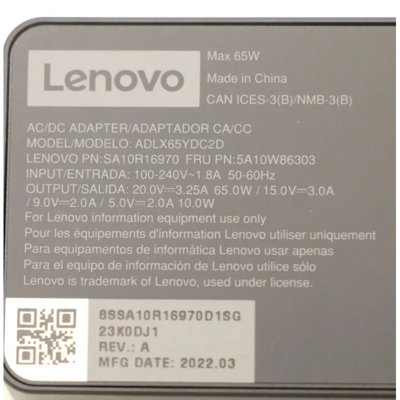 Kintamosios srovės adapteris 65 W USB-C Lenovo 5A10W86303, USB-C PD maitinimo šaltinis 65 W