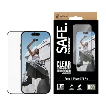 PanzerGlass SAFE. by ® Ekrano apsauga su juodu rėmeliu, skirta iPhone 17 | 16 Pro | Itin platus pritaikymas su EasyAligner