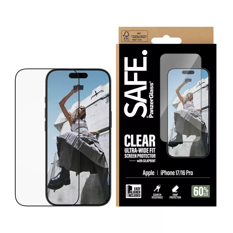 PanzerGlass SAFE. by ® Ekrano apsauga su juodu rėmeliu, skirta iPhone 17 | 16 Pro | Itin platus pritaikymas su EasyAligner