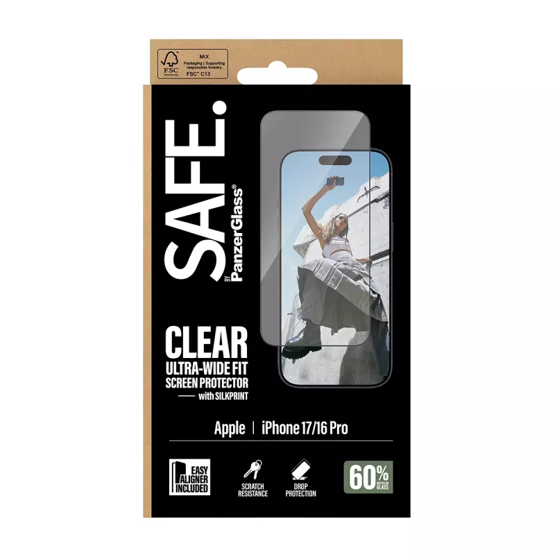 PanzerGlass SAFE. by ® Ekrano apsauga su juodu rėmeliu, skirta iPhone 17 | 16 Pro | Itin platus pritaikymas su EasyAligner