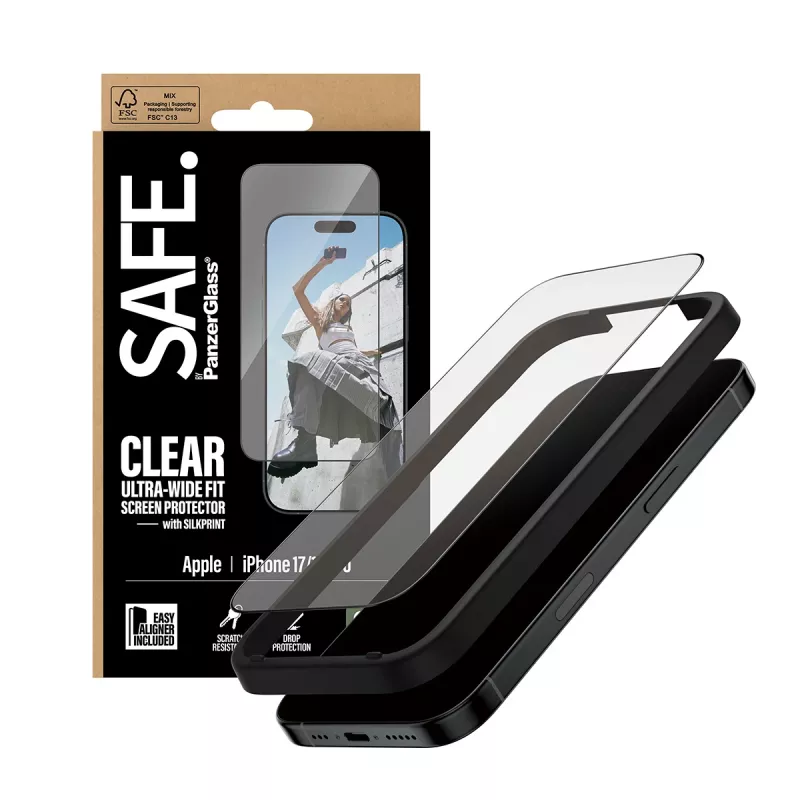 PanzerGlass SAFE. by ® Ekrano apsauga su juodu rėmeliu, skirta iPhone 17 | 16 Pro | Itin platus pritaikymas su EasyAligner