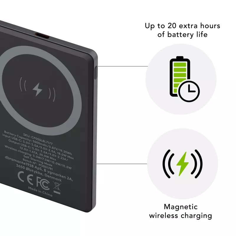 dbramante1928 re-charge - išorinė baterija 5K Wireless - Pilka, 5000 mAh, belaidis įkrovimas, 3,87 V, Pilka