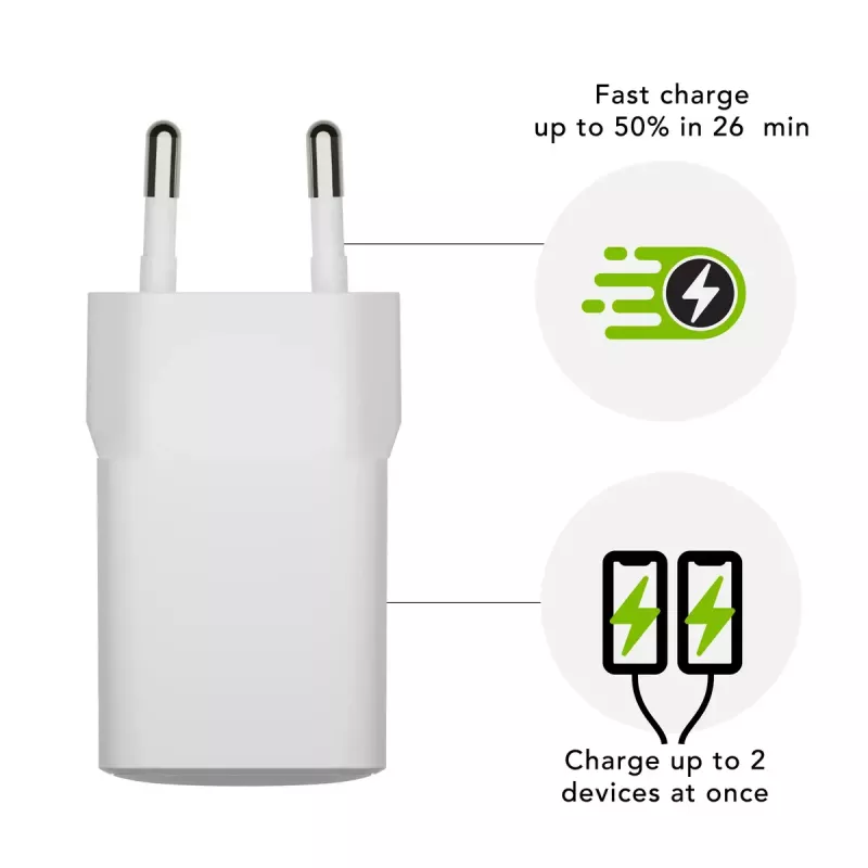 EU sieninis įkroviklis d bramante re-charge Pro — USB‑C 25W + USB‑A 18W, 110–240V, vidaus, balta