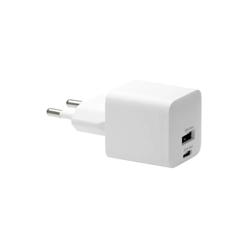 EU sieninis įkroviklis d bramante re-charge Pro — USB‑C 25W + USB‑A 18W, 110–240V, vidaus, balta