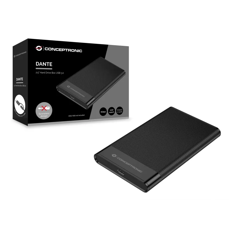 Conceptronic DANTE06B 2,5 col. kietojo disko dėžutė USB 3.0, HDD/SSD korpusas, 2,5 col., Serial ATA III, 6 Gbit/s, USB ryšys, juoda