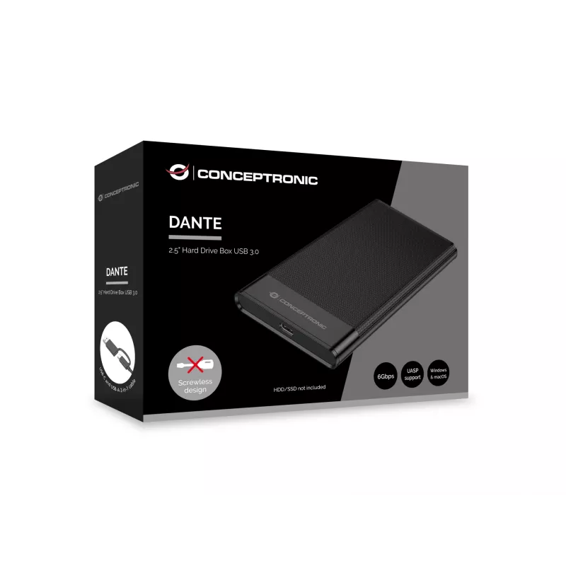 Conceptronic DANTE06B 2,5 col. kietojo disko dėžutė USB 3.0, HDD/SSD korpusas, 2,5 col., Serial ATA III, 6 Gbit/s, USB ryšys, juoda