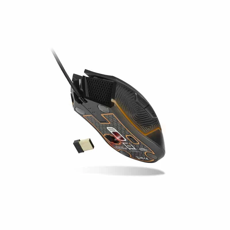 Lexip Ar18 – belaidis žaidimų pelė su keraminėmis kojelėmis, dešiniarankiams, optinė, RF belaidė + USB Type-A, 4800 DPI, juoda