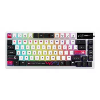 Mechaninė žaidimų klaviatūra ASUS ROG Azoth X — 75% išdėstymas, USB + RF belaidė + Bluetooth, RGB, riešo atrama, juoda/baltas