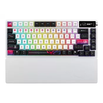 Mechaninė žaidimų klaviatūra ASUS ROG Azoth X — 75% išdėstymas, USB + RF belaidė + Bluetooth, RGB, riešo atrama, juoda/baltas