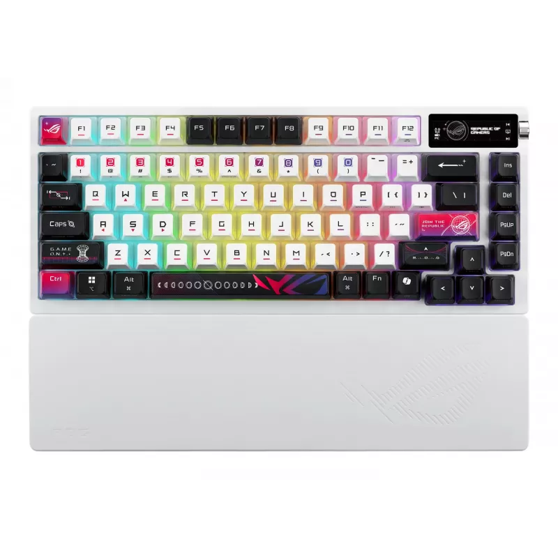 Mechaninė žaidimų klaviatūra ASUS ROG Azoth X — 75% išdėstymas, USB + RF belaidė + Bluetooth, RGB, riešo atrama, juoda/baltas