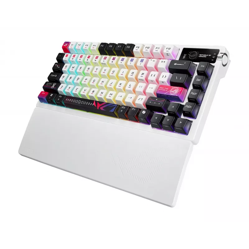 Mechaninė žaidimų klaviatūra ASUS ROG Azoth X — 75% išdėstymas, USB + RF belaidė + Bluetooth, RGB, riešo atrama, juoda/baltas