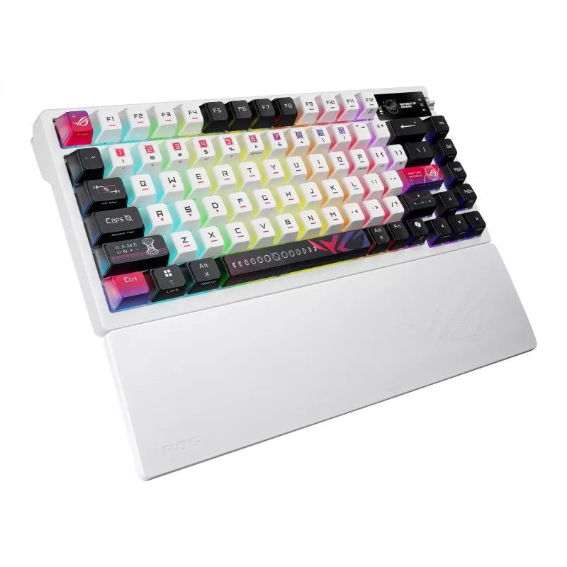 Mechaninė žaidimų klaviatūra ASUS ROG Azoth X — 75% išdėstymas, USB + RF belaidė + Bluetooth, RGB, riešo atrama, juoda/baltas